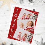 Joyful Red 3 Family Foto Collage Moderne Weihnacht Feiertagspostkarte<br><div class="desc">Moderne rote Weihnachtskollage mit 3 Kinderfotos in einem lustigen überlappenden Schnappschuss-Muster mit weißem Rahmen und dem Wort Freude,  das vertikal auf der Seite geschrieben wurde. Finden Sie Ihre drei Lieblingsbilder für diese niedlichen Familienurlaub Postkarten.</div>