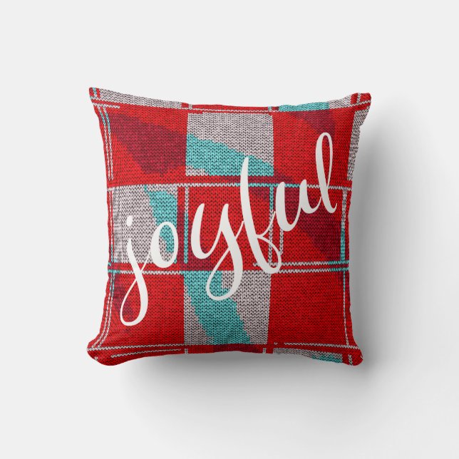 Joyful Red Blue Knittern Kariertes Muster Weihnach Kissen (Vorderseite)