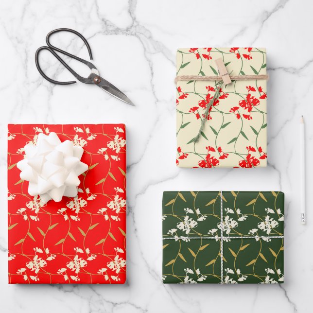 Joyful Regal Bloral Bright Rot, Grün, Elfenbein Geschenkpapier Set (Vorderseite)