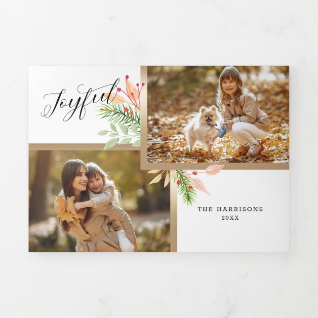 Joyful Script Botanical 2-Foto mit Goldrahmen Dreifach Gefaltete Urlaubskarte (Cover)