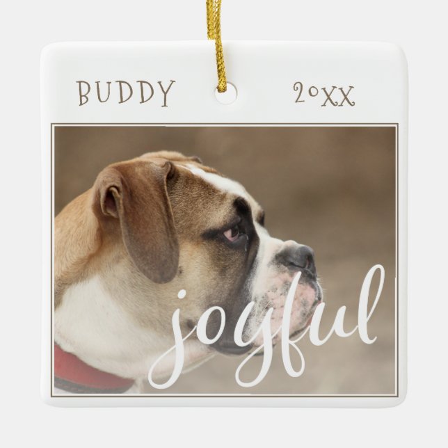 Joyful Script Dog Weihnachtsgebäck Foto Keramikornament (Vorderseite)