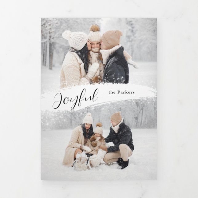 Joyful Script mit Snowy Brushstroke 2-Foto Dreifach Gefaltete Karte (Cover)