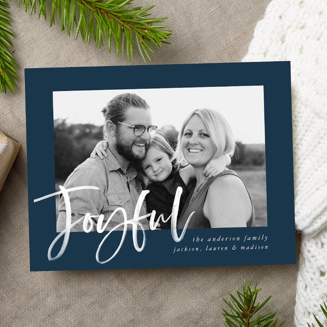 Joyful Script | Navy Holiday Foto Postkarte (Von Creator hochgeladen)