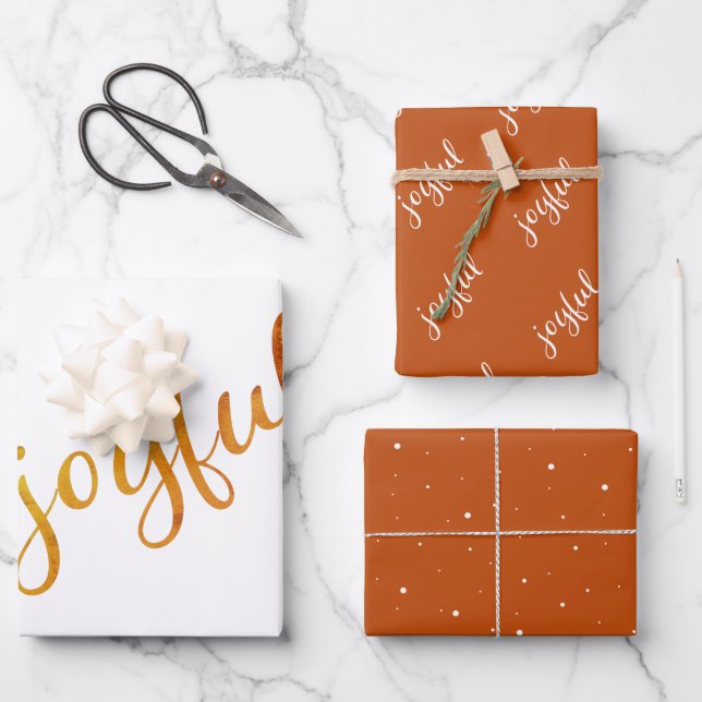 Joyful Script Snowflakes Orange Holiday Geschenkpapier Set (Vorderseite)
