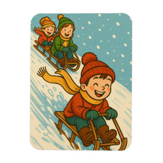 Joyful Sled Ride – Cute Kids Sleigh Riding Winter Magnet