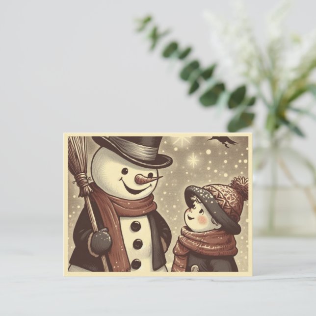 Joyful Snowman and Child Cartoon Postcard Postkarte (Stehend Vorderseite)
