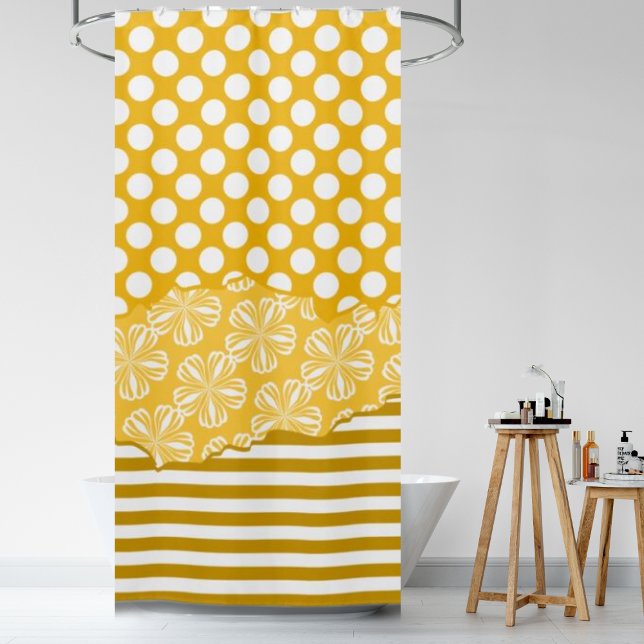 Joyful Stripes floral Polka Dot gelb gelb Duschvorhang (Joyful Stripes Floral Polka Dot Layered Yellow Shower Curtain)