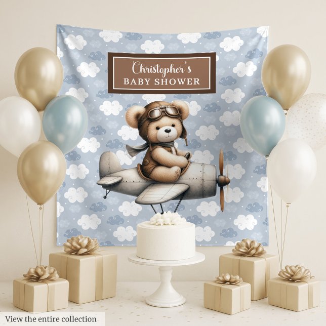 Joyful Teddy Bär Pilot Baby Dusche Foto Banner Wandteppich (Joyful teddy bear pilot baby shower photo banner Tapestry)