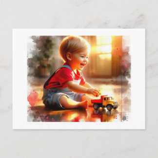 Joyful Toddler Playing With A Toy Truck, Postkarte