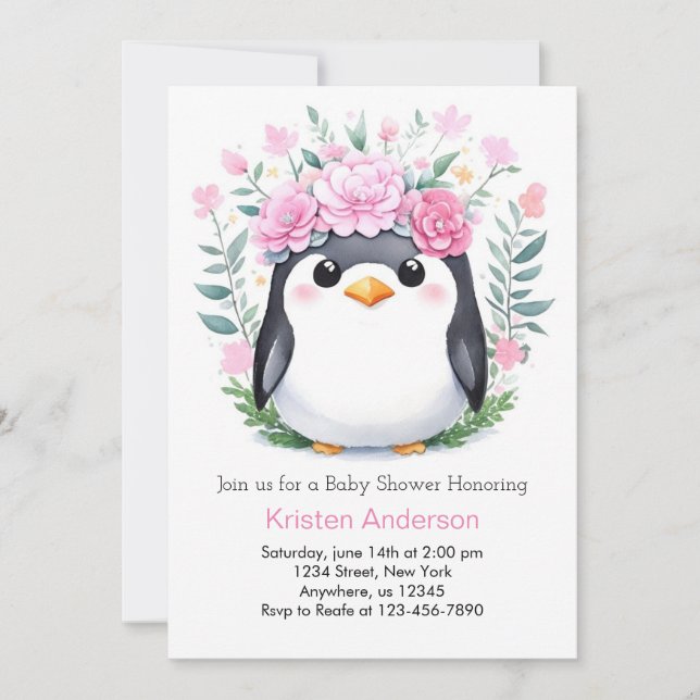 Joyful Watercolor Pinguin Girl Baby Dusche Einladung (Vorderseite)