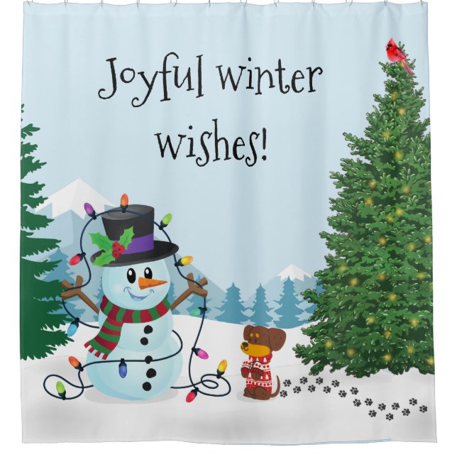 Joyful Winter Snowman Pup Weihnachtsdusche Vorhang (Vorderseite)
