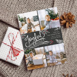 Joyful Wish | Christmas Photo Collage Card Feiertagskarte<br><div class="desc">Beautiful typography based holiday photo card features four of your favorite square family photos in a collage layout. "Joyful Wishes" appears in the center in white hand lettered typography on a charcoal gray chalkboard background accented with white sketched leaves and red holly berries. Customize with your personal greeting, family names...</div>