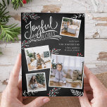 Joyful Wish | Christmas Photo Collage Card Feiertagskarte<br><div class="desc">Beautiful typography based holiday photo card features four of your favorite square family photos in a collage layout. "Joyful Wishes" appears at the top in white hand lettered typography on a charcoal gray chalkboard background accented with white sketched leaves and red holly berries. Customize with your personal greeting, family names...</div>