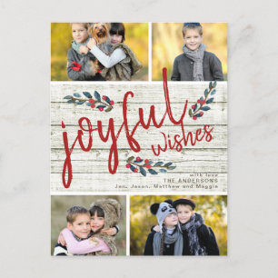 Joyful Wish Rustic Red Christmas 4 Foto Collage Feiertagspostkarte