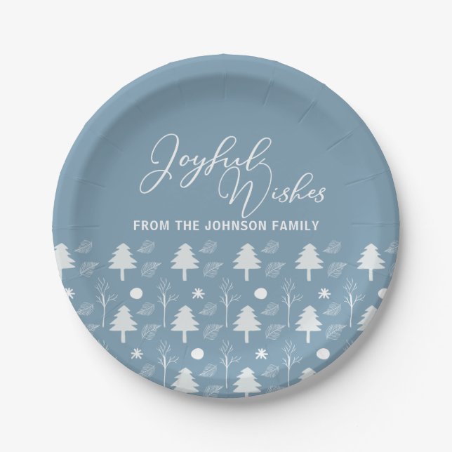 Joyful Wishs Slate Blue Trees Weihnachts-Party Pappteller (Vorderseite)