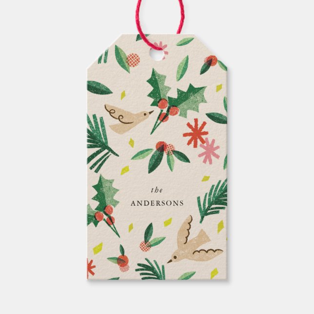 Joyful Woodland Bird Weihnachtsfeiertag Tag Geschenkanhänger (Vorderseite)