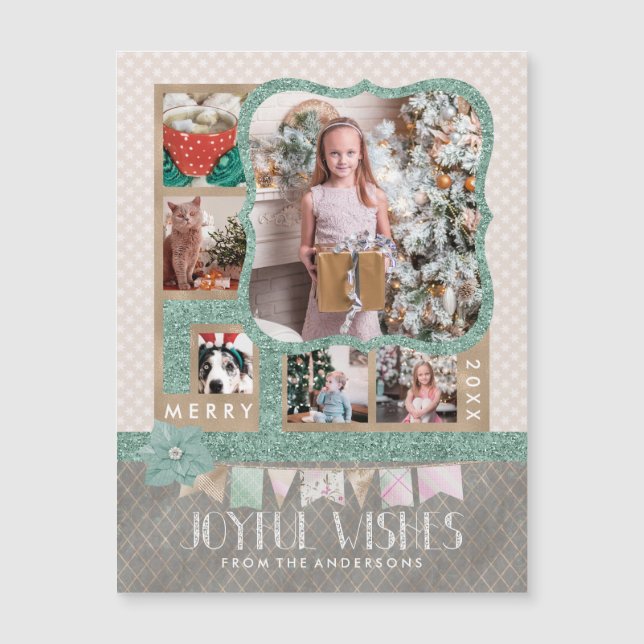 Joyful wünscht Weihnachten 6 Custom Foto Collage Magnetkarte (Vorderseite)