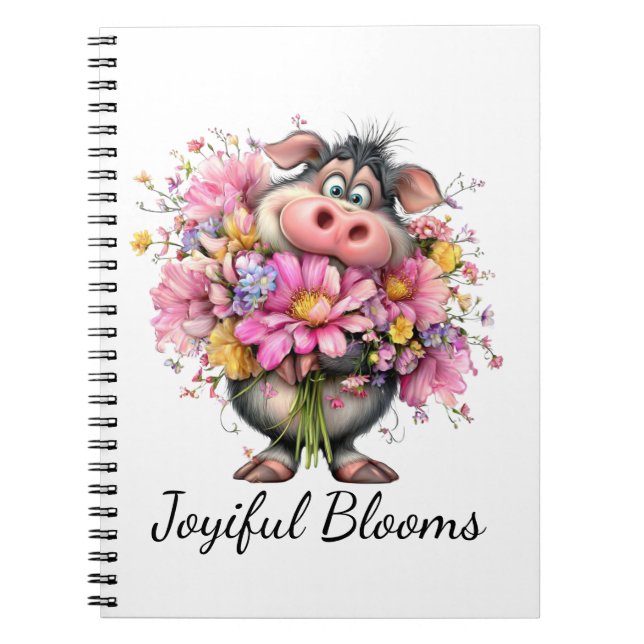 Joyiful Blooms: Cute Pig & Floral Spiral Notebook Notizblock (Vorderseite)