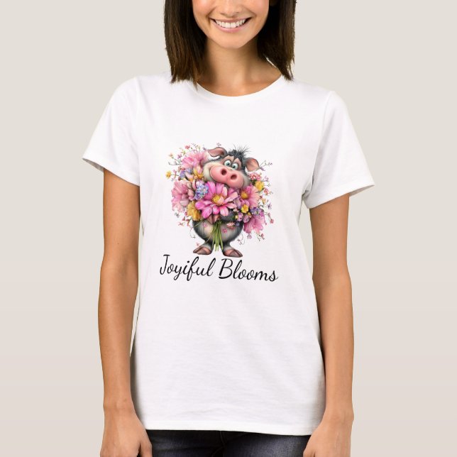 Joyiful Blooms Cute Pig Floral T-Shirt (Devant)
