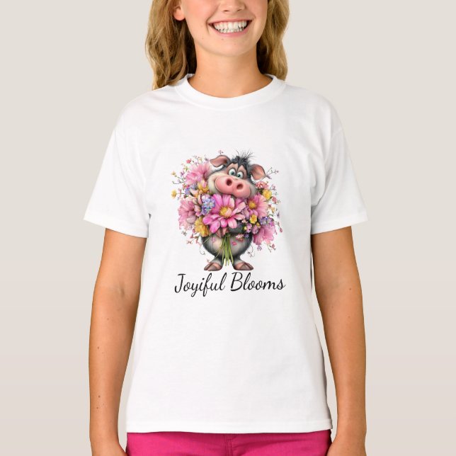 Joyiful Blooms Kids Pig Floral T-Shirt (Vorderseite)
