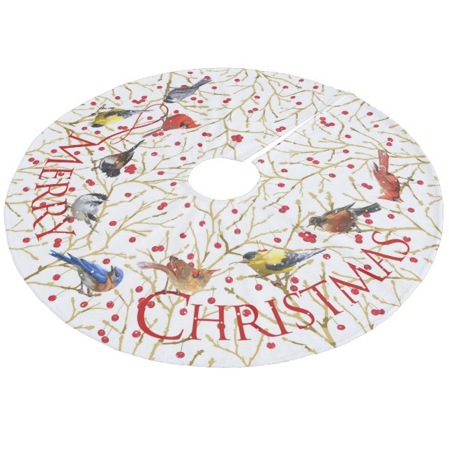 Joyous Backyard Birds & Winterberries Weihnachten Fleece Weihnachtsbaumdecke (Schrägansicht)