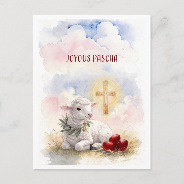 Joyous Pascha Lamb, Red Eggs and Cross Postkarte (Vorderseite)
