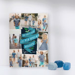 Joyous Tidings | Hanukkah Foto Collage Card Feiertagskarte<br><div class="desc">Die wunderschön illustrierte Hanukkah-Fotokarte verfügt über acht Fotos,  die in einer Collage angeordnet sind. "Mögen Liebe und Licht Ihr Herz in Hanukkah füllen" erscheint in der Mitte in handgeschriebener Typografie auf einem blauen Aquarellband mit grünen Blätter und weißen Beeren. Personalisieren Sie mit Ihren Namen und das Jahr.</div>