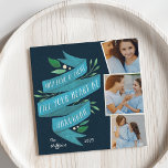Joyous Tidings | Square Hanukkah Foto Card Feiertagskarte<br><div class="desc">Die hübsch illustrierte quadratische Urlaubskarte verfügt über drei Fotos,  die in einer Collage angeordnet sind. "Mögen Liebe und Licht Ihr Herz in Hanukkah füllen" erscheint an der links in handgeschriebenen Typografie auf einem blauen Aquarellband mit grünen Blätter und weißen Beeren. Personalisieren Sie mit Ihren Namen und das Jahr.</div>