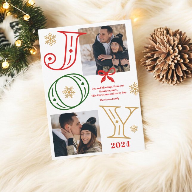 Joyscript 2 Fotos Schneeflocken Rot Weihnachten (Joy script 2 photos snowflakes red green Christmas Holiday Card)