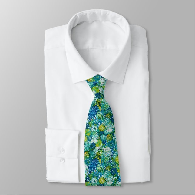 Jubilant Blue und Green Modern Floral Designer Krawatte (Gebunden)