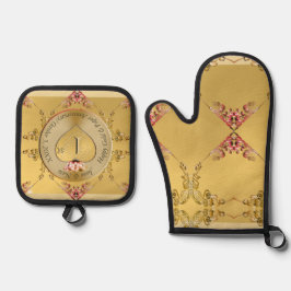 Jubiläum 1. Hochzeit Goldenes Herz Emblem Ofenhandschuh & Topflappen-Set