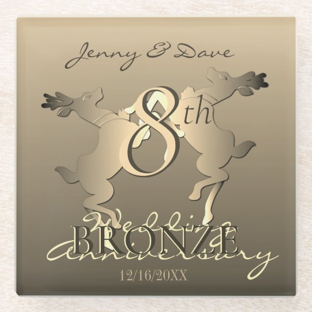 Jubiläum der 8. Hochzeit Bronze und Rentier Glasuntersetzer (Vorderseite)