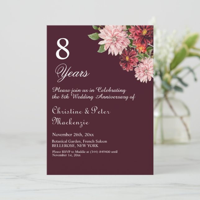 Jubiläum der Bronze-Hochzeit Burgund-Flora Einladung (Stehend Vorderseite)