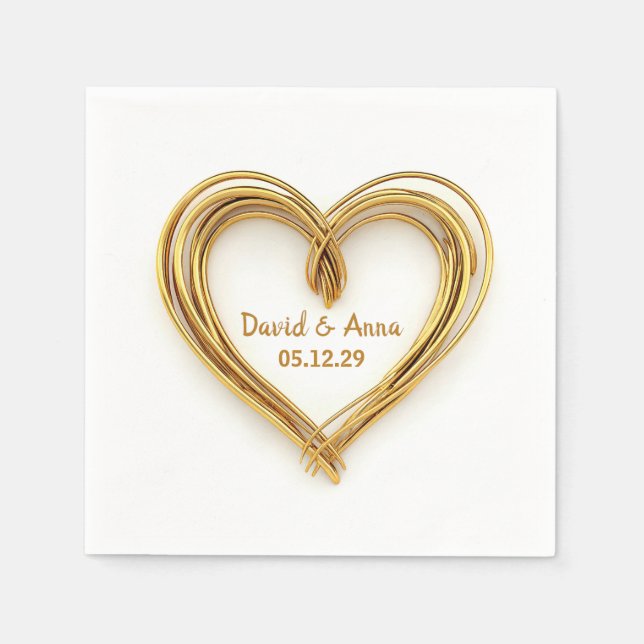Jubiläum der Hochzeit Gold Wired Heart on White Serviette (Vorderseite)