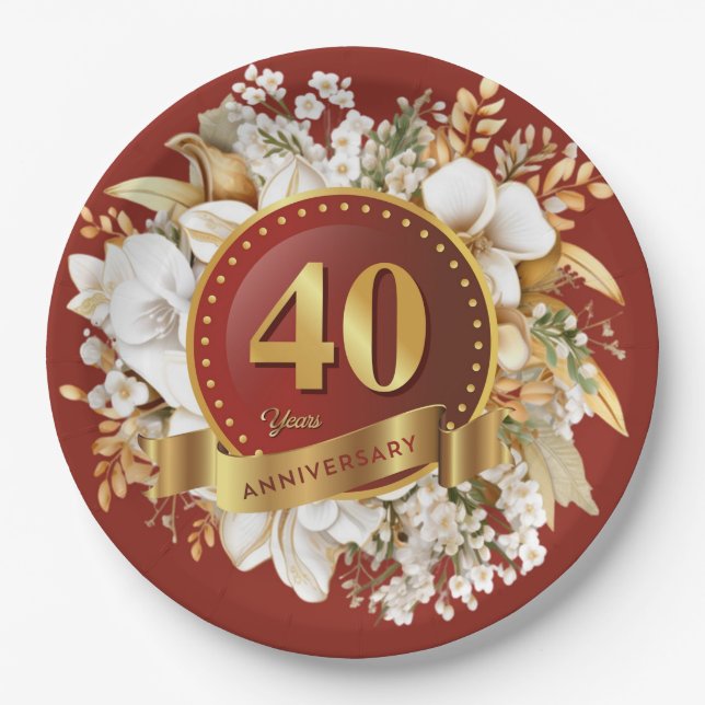 Jubiläum der Hochzeit in Burgund und Gold Pappteller (Vorderseite)