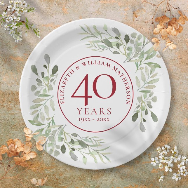 Jubiläum der Hochzeitsfeier Pappteller (Watercolour Greenery 40th Wedding Anniversary Paper Plates)