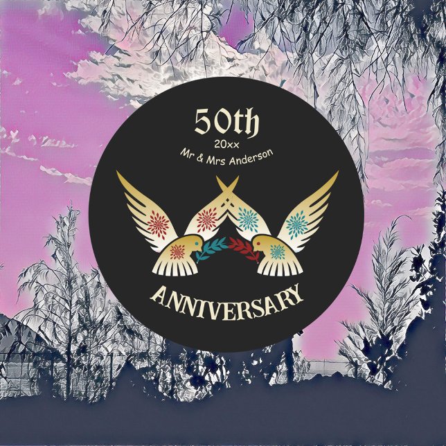 Jubiläum des 50. Jahrhunderts Verwandte Kunst Love Runder Aufkleber (50th Anniversary Couple Decorative Art Love Birds Classic Round Sticker)