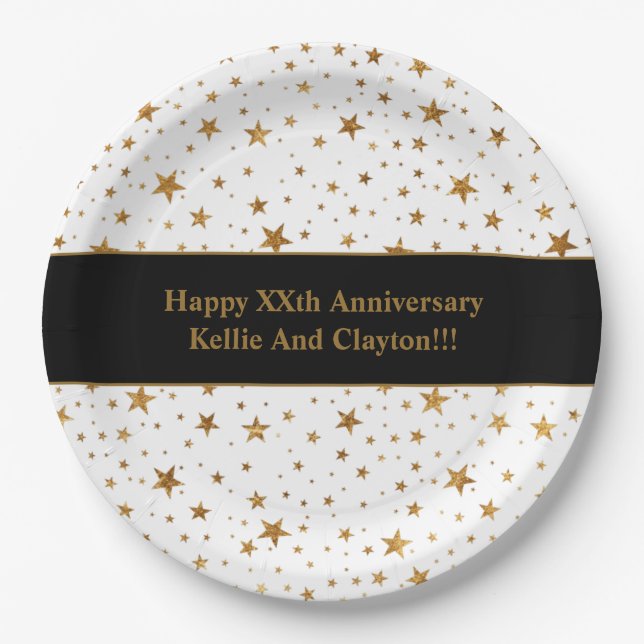 Jubiläum für benutzerdefinierte White/Gold Stars-N Pappteller (Vorderseite)