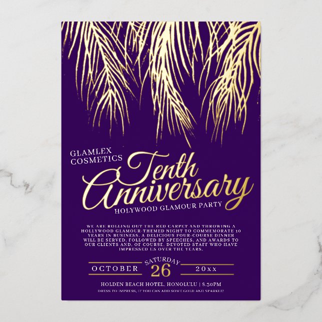 Jubiläum Glamour Party Gold lila Palmen Folieneinladung (Vorderseite)