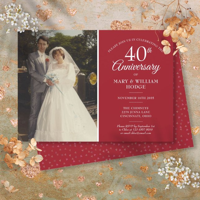 Jubiläum Hochzeit Foto Ruby Heart Confetti Einladung (40th Anniversary Wedding Photo Ruby Heart Confetti Invitation)