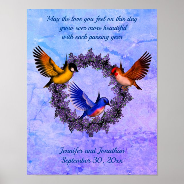 Jubiläum Hochzeit lieben Vögel Kranz Personalisier Poster (Vorne)
