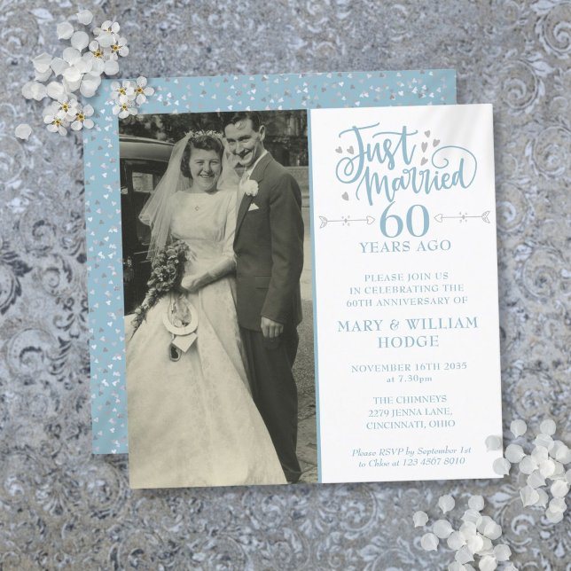 Jubiläum Just Married Wedding Foto Square Einladung (60th Anniversary Just Married Wedding Photo Square Invitation)