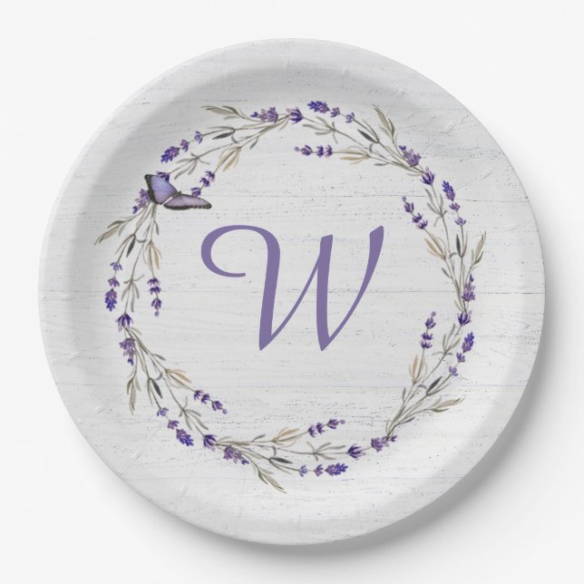Jubiläum Lavender Wreath Monogram Pappteller (Vorderseite)