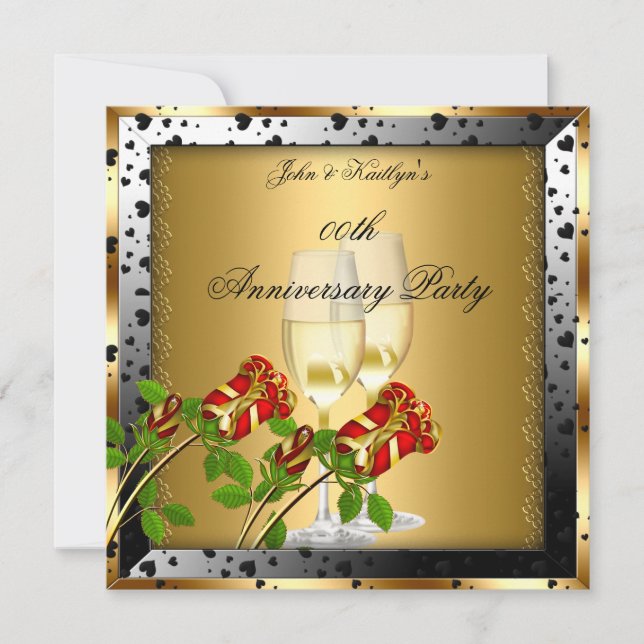 Jubiläum Party Gold Rote Rose Blumen Einladung (Vorderseite)