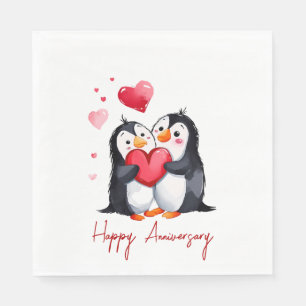 Jubiläum Pinguin-Paar mit roten Herzen Serviette