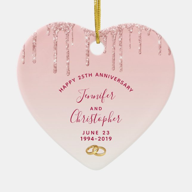 Jubiläum Pink Glitzer Tropfen Keramik Ornament (Vorne)