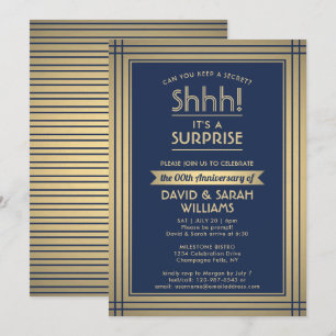 Jubiläum Überraschung Party Shhh! Navy Blue & Gold Einladung