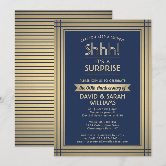 Jubiläum Überraschung Party Shhh! Navy Blue & Gold Einladung (Vorne/Hinten)