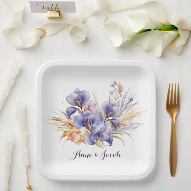 Jubiläum Watercolor Lila Iris Bouquet Pappteller (Hochzeit)