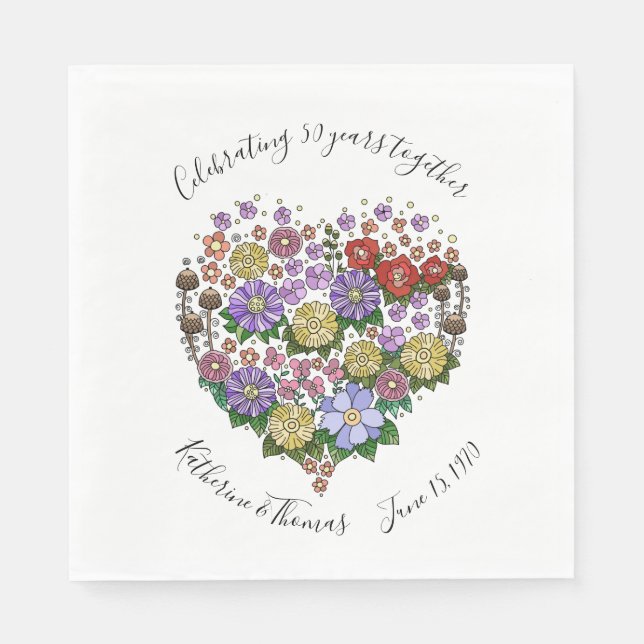 Jubiläumsartikel, Blumenherz, kundenspezifisch Serviette (Vorderseite)